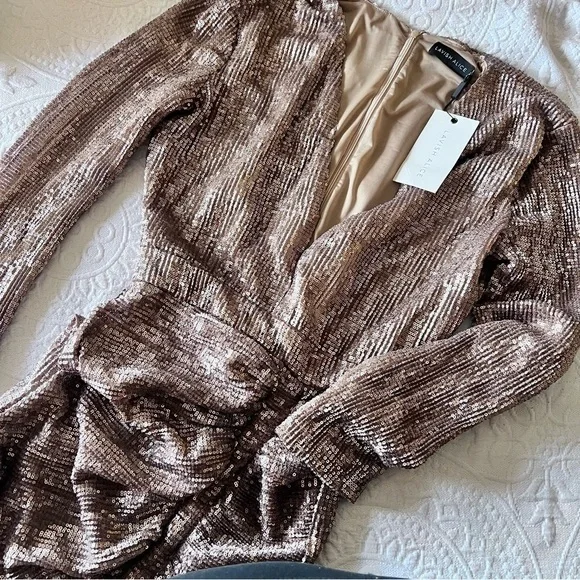 lavish alice gold dress Lavish Alice Gold One Sleeve Bow Shoulder Sequin Midi Dress main image 1